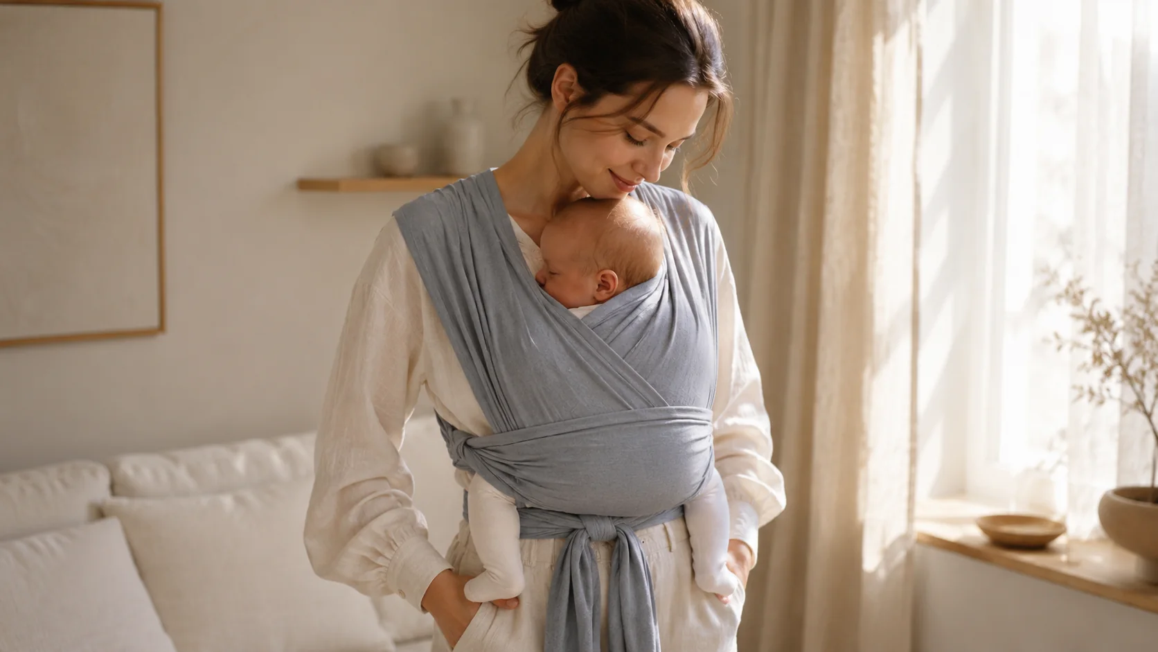 Madre cargando a su bebé dormido con el fular portabebé ergonómico Milindio en gris
